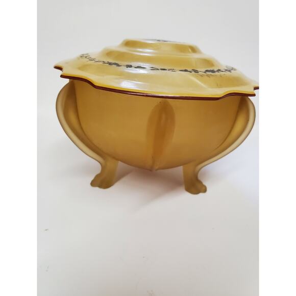 Vintage Art Deco Amber Frosted Glass Vanity Powder Jar Footed with Celluloid Lid - Picture 3 of 16
